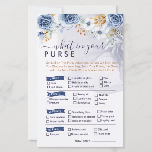 What in Your Purse Blue Floral Bridal Shower Games (正面)