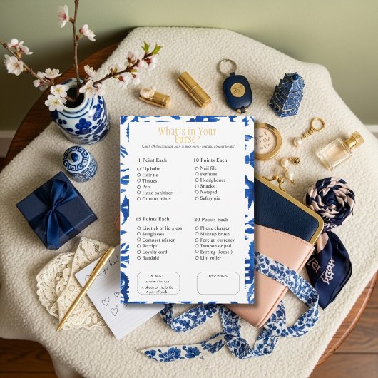 What’s in Your Purse? Bridal  Shower Blue Game 招待状
