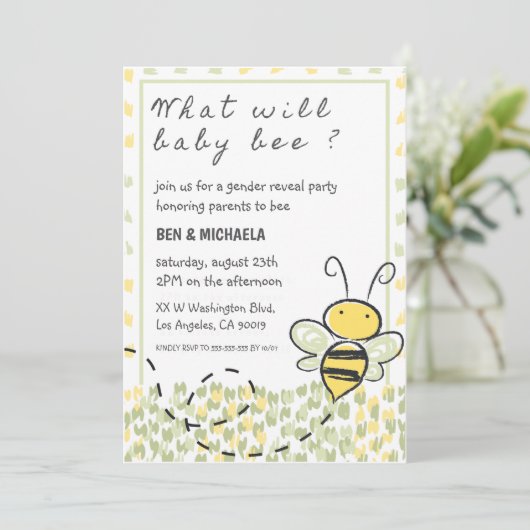 What Willベビービー赤ちゃんシャワーBee Gender Reveal 招待状 (スタンド正面)