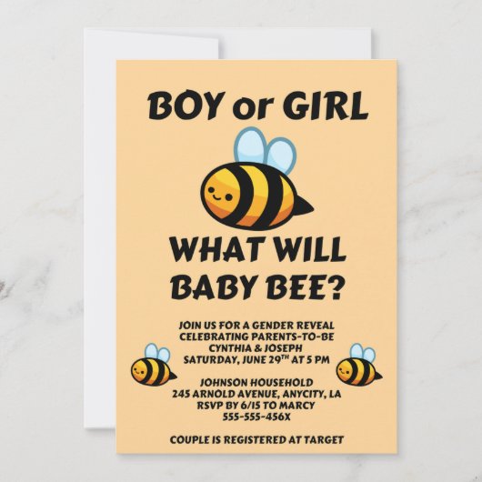 What Will Baby Bee Gender Reveal  招待状 (正面)