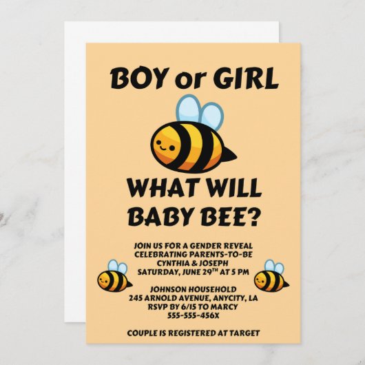 What Will Baby Bee Gender Reveal  招待状 (正面/裏面)
