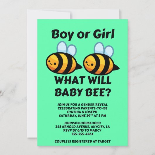 What Will Baby Bee Gender Reveal 招待状 (正面)
