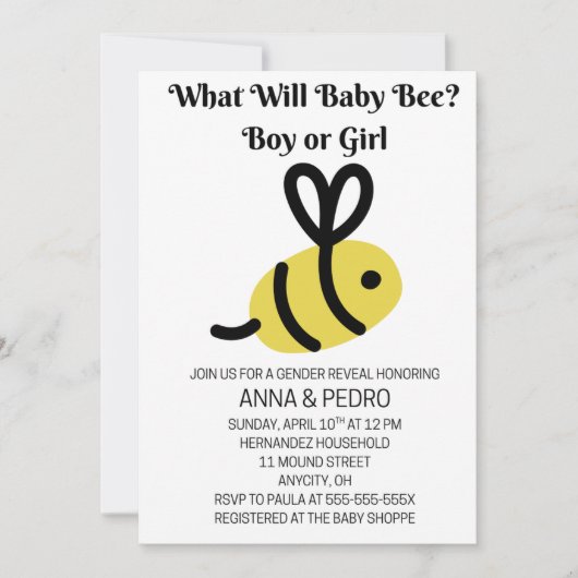 What Will Baby Bee Gender Reveal 招待状 (正面)