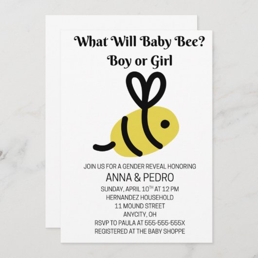 What Will Baby Bee Gender Reveal 招待状 (正面/裏面)