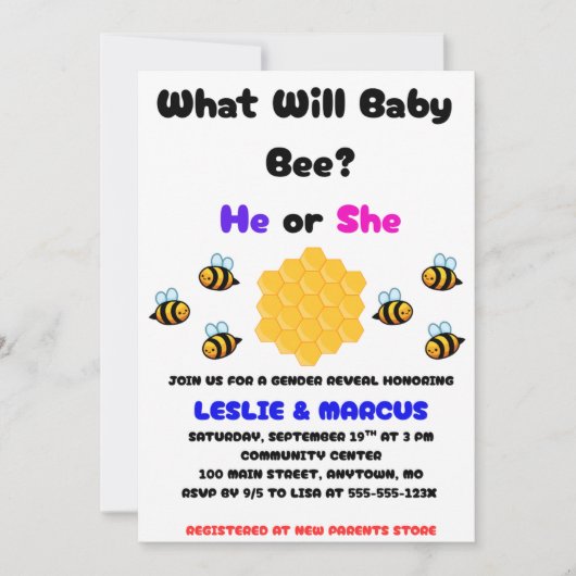 What Will Baby Bee Gender Reveal 招待状 (正面)