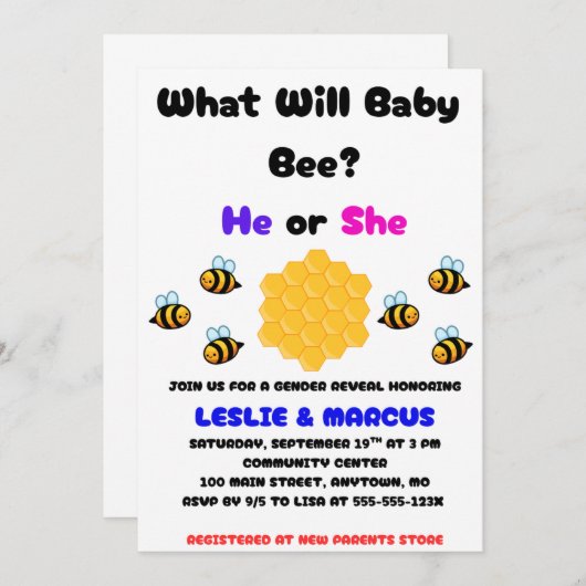 What Will Baby Bee Gender Reveal 招待状 (正面/裏面)