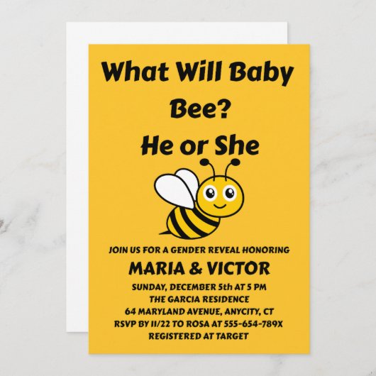 What Will Baby Bee Gender Reveal 招待状 (正面/裏面)
