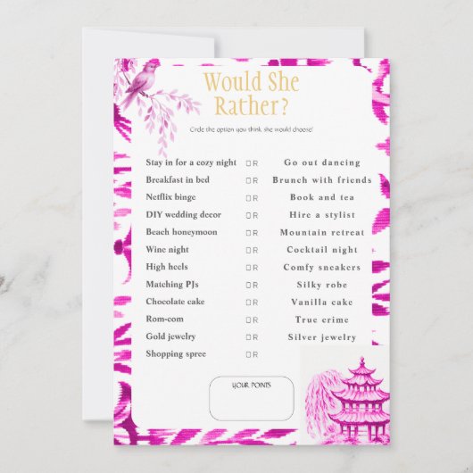 What Would She Choose? Pink Bridal Shower game 招待状 (正面)