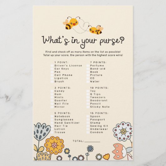 What's In Your Poward Bee Baby Shower Game Card (正面)