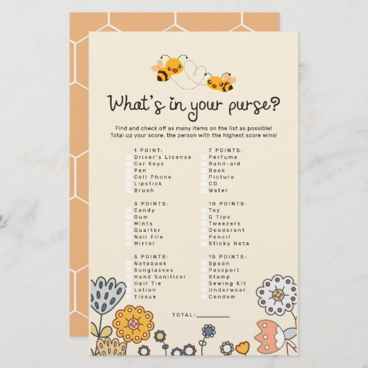 What's In Your Poward Bee Baby Shower Game Card (正面/裏面)