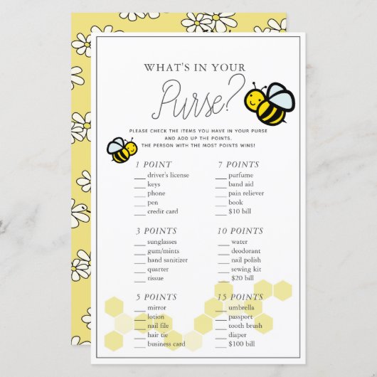 What's In Your Poward Bee White Baby Shower Game (正面/裏面)