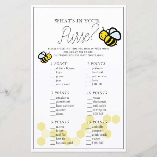 What's In Your Poward Bee White Baby Shower Game (正面)