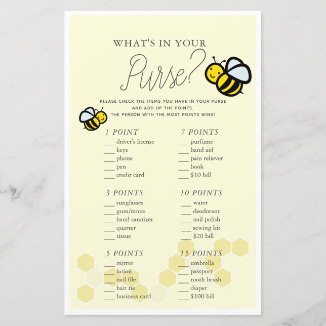 What's In Your Poward Bee Yellow Baby Shower Game (正面)