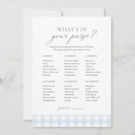 What's in Your Poward Blue Gingham Baby Shower Gam 招待状 (正面)