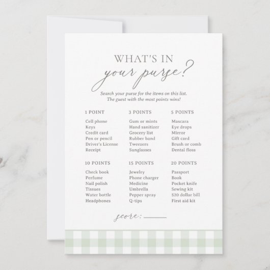 What's In Your Poward Sage Gingham Baby Shower Gam 招待状 (正面)