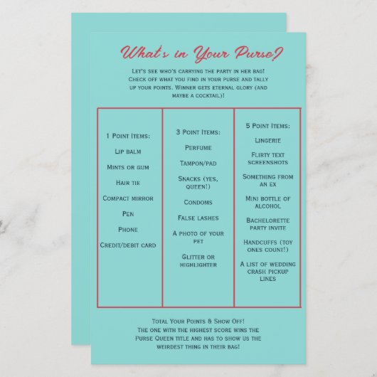 What's in Your Purse? Bachelorette Party Game (正面/裏面)