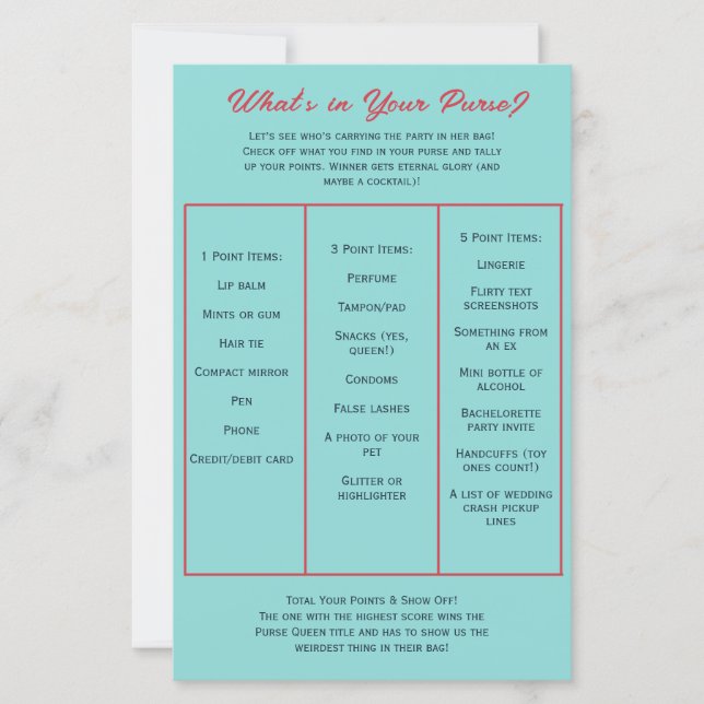 What's in Your Purse? Bachelorette Party Game (正面)