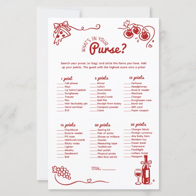 Whats In Your Purse Italian Bridal Party Game Card (正面)