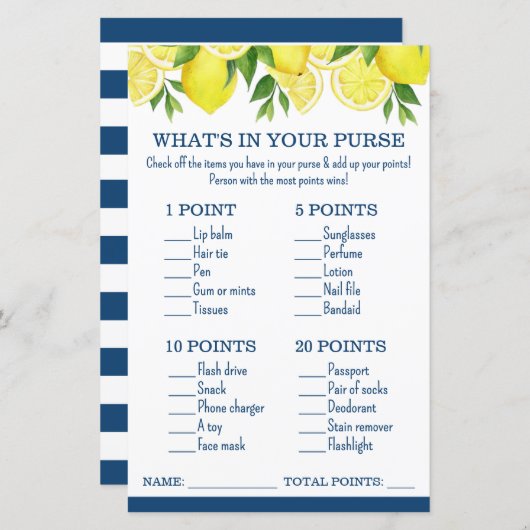 What's in Your Purse Lemon Bridal Shower Game (正面/裏面)