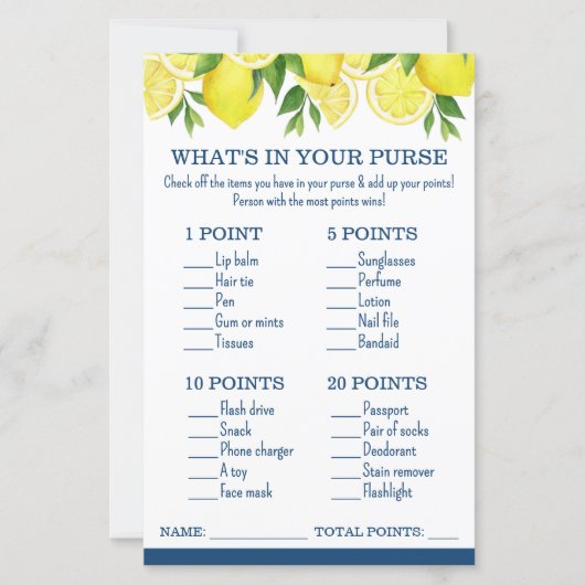 What's in Your Purse Lemon Bridal Shower Game (正面)