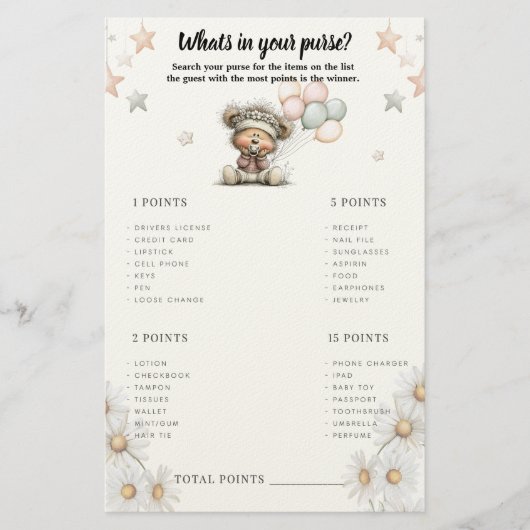 Whats in your purse? Whimsical Teddy Bear Game 便箋 (正面)