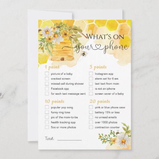What's On Your Phone Beeテーマのベビーシャワーゲーム 招待状 (正面)