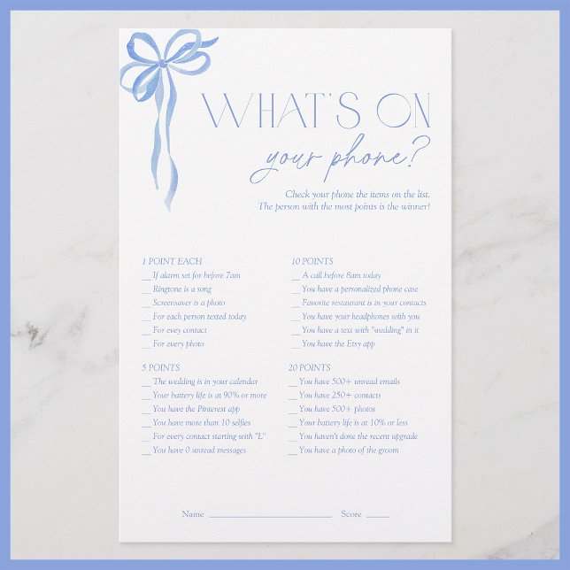 What's On Your Phone Blue Bowブライダルシャワーゲーム (クリエイターアップロード済み)