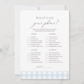 What's on Your Phone Blue Gingham Baby Shower Game 招待状 (正面)