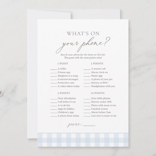 What's on Your Phone Blue Gingham Baby Shower Game 招待状 (正面)