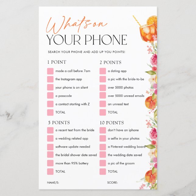 Whats On Your Phone Bridal Shower Game Spritz (正面)