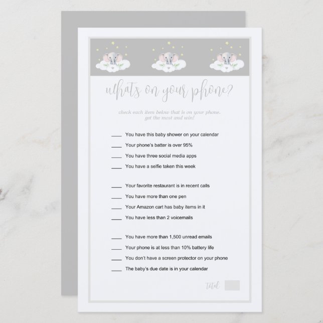 What's on Your Phone Game Elephant Baby Shower (正面/裏面)