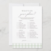 What's on Your Phone Sage Gingham Baby Shower Game 招待状 (正面)