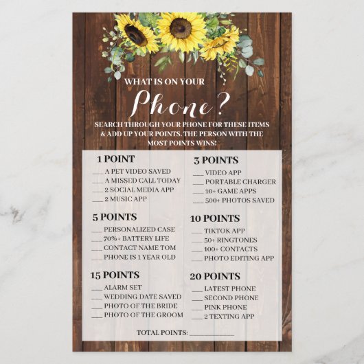 What's on your Phone Sunflowers Shower Game Card チラシ (正面)