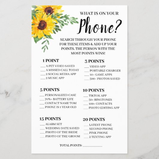 What's on your Phone Sunflowers Shower Game Card チラシ (正面)