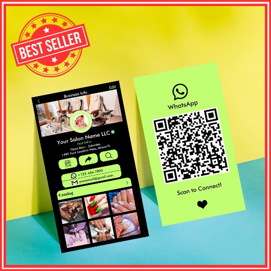 WhatsApp ネイルサロン ライムグリーン ソーシャルメディア QR 名刺