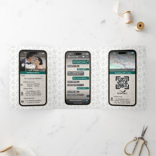 WhatsApp iPhoneチャットをテーマ結婚にしたQRコード 三つ折り招待状 (内部)
