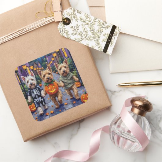 Wheaten Terrier Dogs In Halloween Cotumes スクエアシール (ギフト)