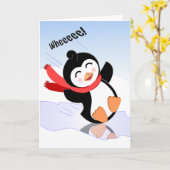 Wheee!  かわいく黒いペンギンとのハッピーバースデー カード (黄色い花)