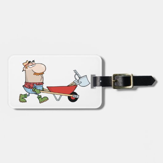 Wheelbarrowとツールを使用した漫画の農家 ラゲッジタグ (正面横)