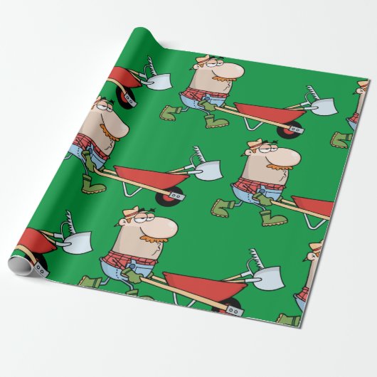 Wheelbarrowとツールを使用した漫画の農家 ラッピングペーパー (アンロールド)