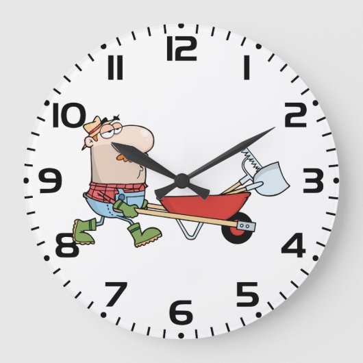Wheelbarrowとツールを使用した漫画の農家 ラージ壁時計 (正面)