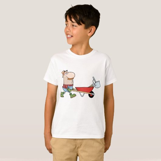 Wheelbarrowとツールを使用した漫画の農家 Tシャツ (正面フル)