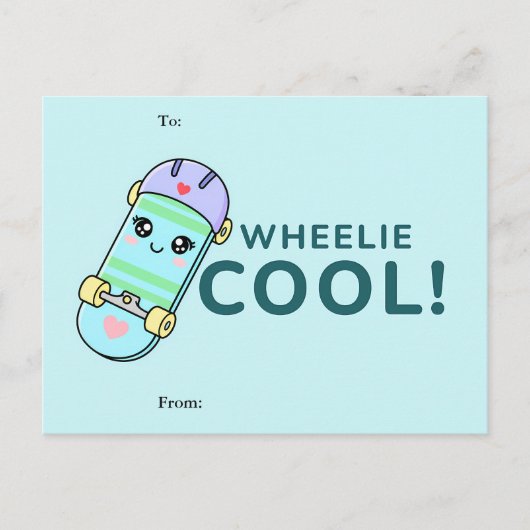 Wheelie Cool! Cute Skateboard Classroom Valentine シーズンポストカード (正面)