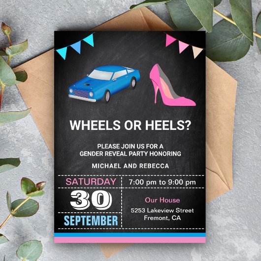  Wheels or Heels 性別発表パーティー 招待状