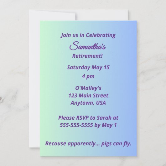 When Pigs Fly, Flying Pig Balloon Party 招待状 (裏面)