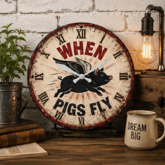 When Pigs Fly Funny Farmhouse ラージ壁時計