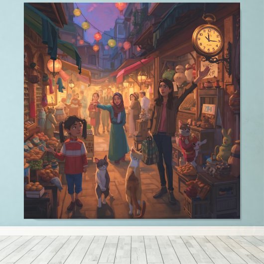 Where Cats Wander and Lanterns Glow キャンバスプリント (インサイチュ (ウッドフロア))