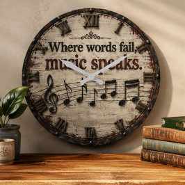 Where Words Fail Music Speaks Vintage Notes Decor ラージ壁時計