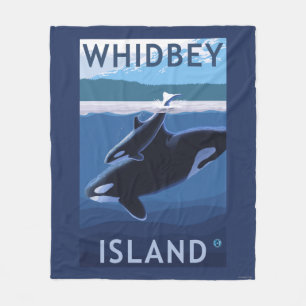 Whidbeyの島、WashingtonOrcaおよび子牛 フリースブランケット