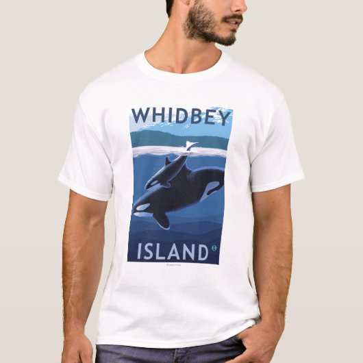 Whidbeyの島、WashingtonOrcaおよび子牛 Tシャツ (正面)